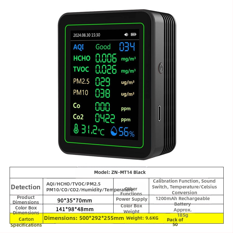 Ανιχνευτής ποιότητας αέρα 15-σε-1: CO2, PM2.5, TVOC, φορμαλδεΰδη, θερμοκρασία & υγρασία, μοντέλο ZN-MT22, εύρος CO2 400-5000 ppm, ακρίβεια 1 ppm, DC 3.7V