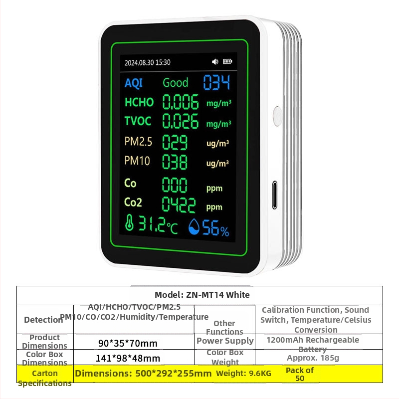 Ανιχνευτής ποιότητας αέρα 15-σε-1: CO2, PM2.5, TVOC, φορμαλδεΰδη, θερμοκρασία & υγρασία, μοντέλο ZN-MT22, εύρος CO2 400-5000 ppm, ακρίβεια 1 ppm, DC 3.7V