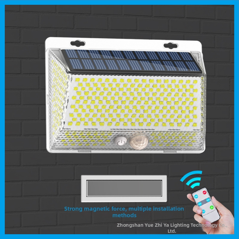 Соларна външна LED стенна лампа за двор с магнитно дистанционно управление – IP65 водоустойчива, четиристранно осветяване, модел YS-006, 5W, 6V