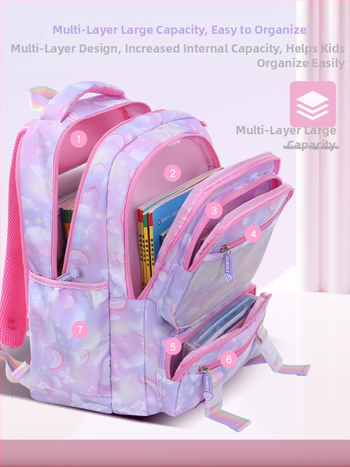 Ученическа раница за момичета, 1–6 клас, ултралека, с намаляване на тежестта и защита на гръбнака, оксфордова материя, презрамки с въздушна подложка, рефлекторна нощна безопасност