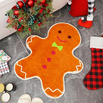 Χριστουγεννιάτικo χαλάκι δαπέδου σε σχήμα gingerbread man — διακοσμητικό με σχέδιο κινούμενων σχεδίων, υψηλής πυκνότητας συνθετικό κασμίρ, πολυεστέρας, εκτύπωση, πλενόμενο, για είσοδο/σαλόνι