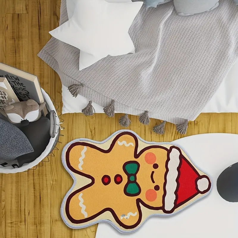 Covor de podea de Crăciun, în formă de om de turtă dulce — decor cu model de desene animate, densitate înaltă, cașmir artificial, poliester, imprimare, lavabil, pentru hol și vestibul