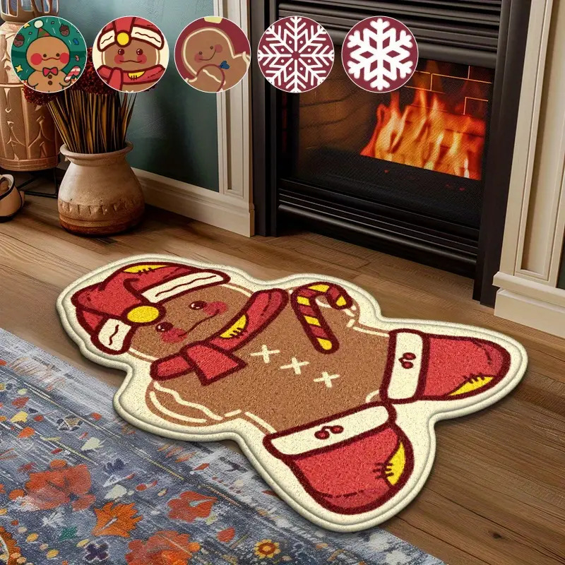 Covor de podea de Crăciun, în formă de om de turtă dulce — decor cu model de desene animate, densitate înaltă, cașmir artificial, poliester, imprimare, lavabil, pentru hol și vestibul