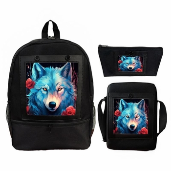 Ανδρική και γυναικεία τσάντα πλάτης με ψηφιακό εκτύπωμα Λύκος και Τριαντάφυλλο, πολυεστέρας, εργονομικό σύστημα μείωσης βάρους, μοντέρνο στυλ, σχέδιο με ζώα