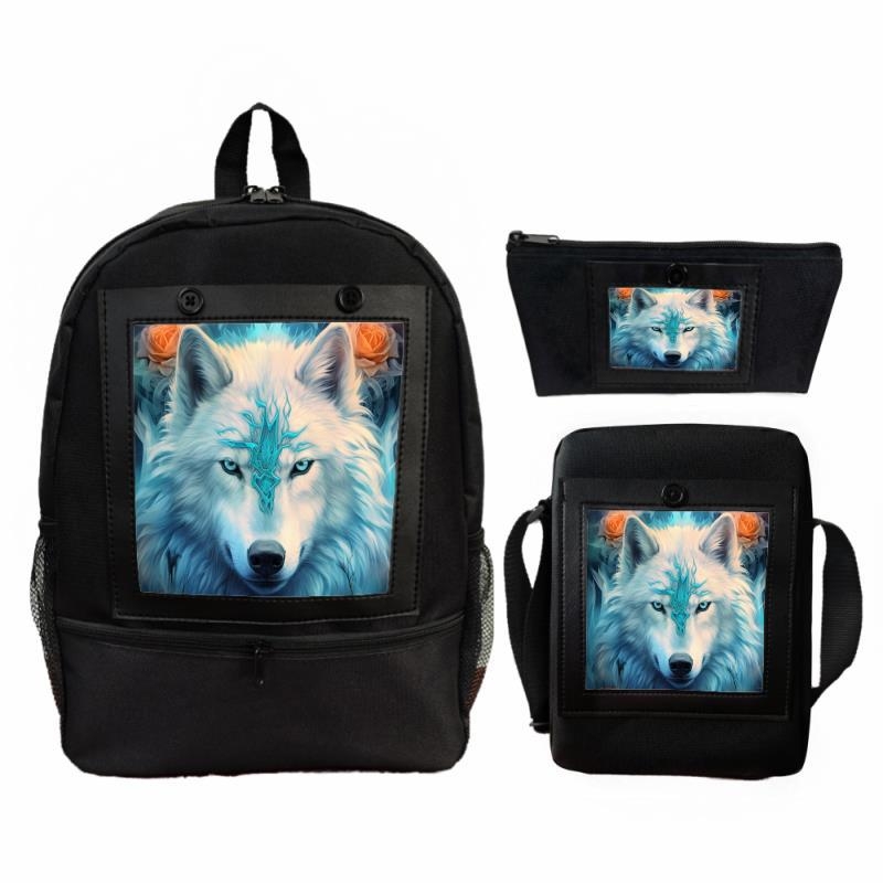Uniszex hátizsák digitális nyomtatással, farkas és rózsa mintával, poliészter, terheléscsökkentő funkció, modern stílus, állat mintázat