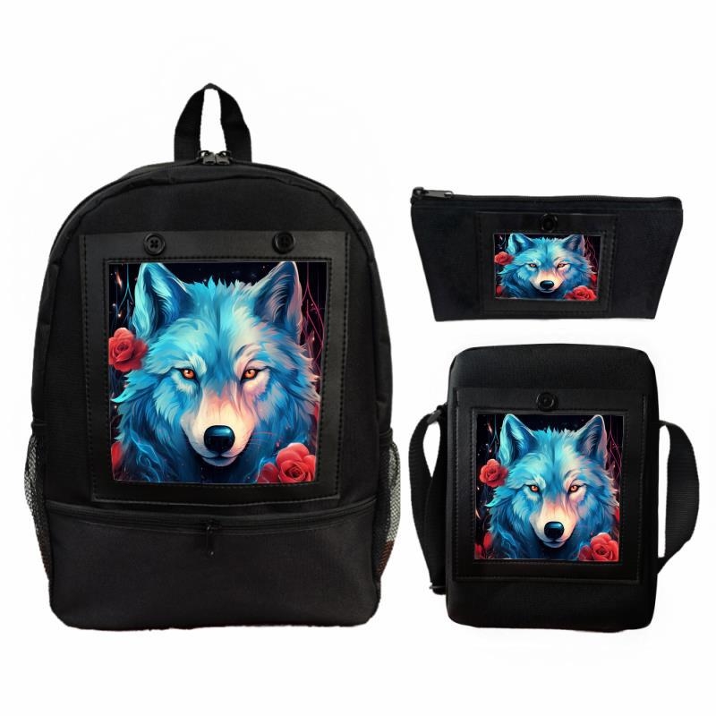Uniszex hátizsák digitális nyomtatással, farkas és rózsa mintával, poliészter, terheléscsökkentő funkció, modern stílus, állat mintázat