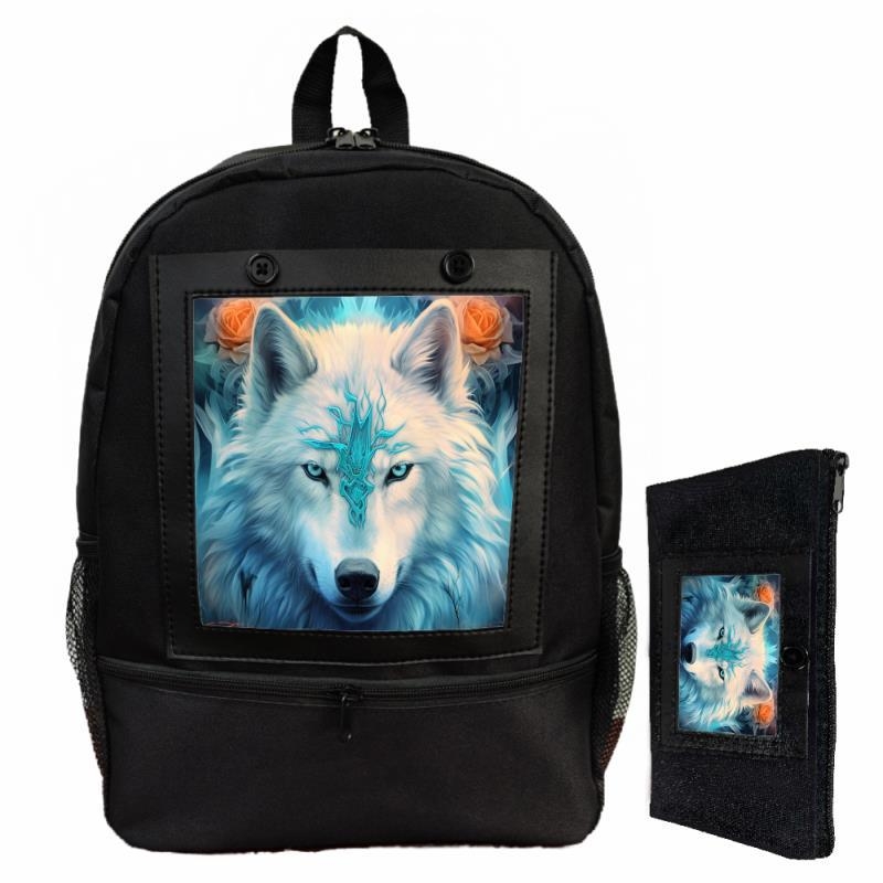 Uniszex hátizsák digitális nyomtatással, farkas és rózsa mintával, poliészter, terheléscsökkentő funkció, modern stílus, állat mintázat
