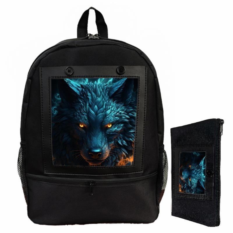 Uniszex hátizsák digitális nyomtatással, farkas és rózsa mintával, poliészter, terheléscsökkentő funkció, modern stílus, állat mintázat