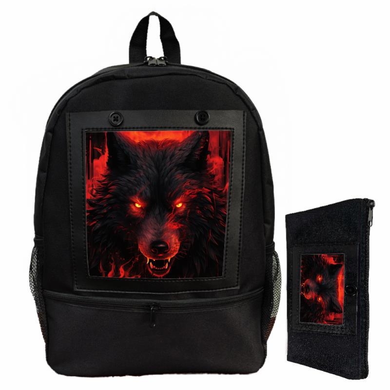 Uniszex hátizsák digitális nyomtatással, farkas és rózsa mintával, poliészter, terheléscsökkentő funkció, modern stílus, állat mintázat