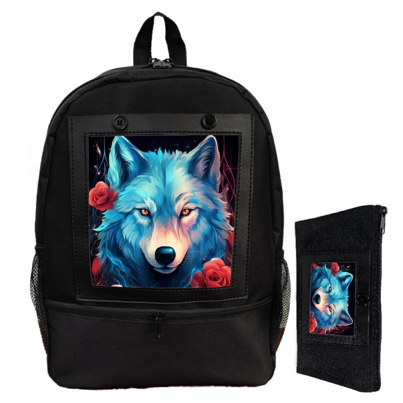 Uniszex hátizsák digitális nyomtatással, farkas és rózsa mintával, poliészter, terheléscsökkentő funkció, modern stílus, állat mintázat
