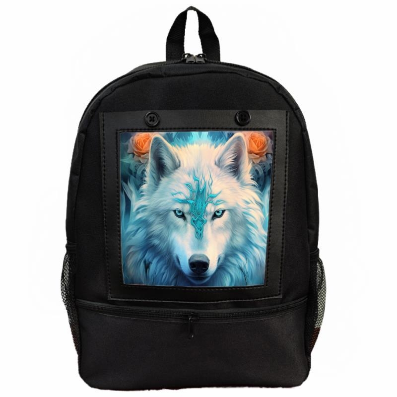 Uniszex hátizsák digitális nyomtatással, farkas és rózsa mintával, poliészter, terheléscsökkentő funkció, modern stílus, állat mintázat