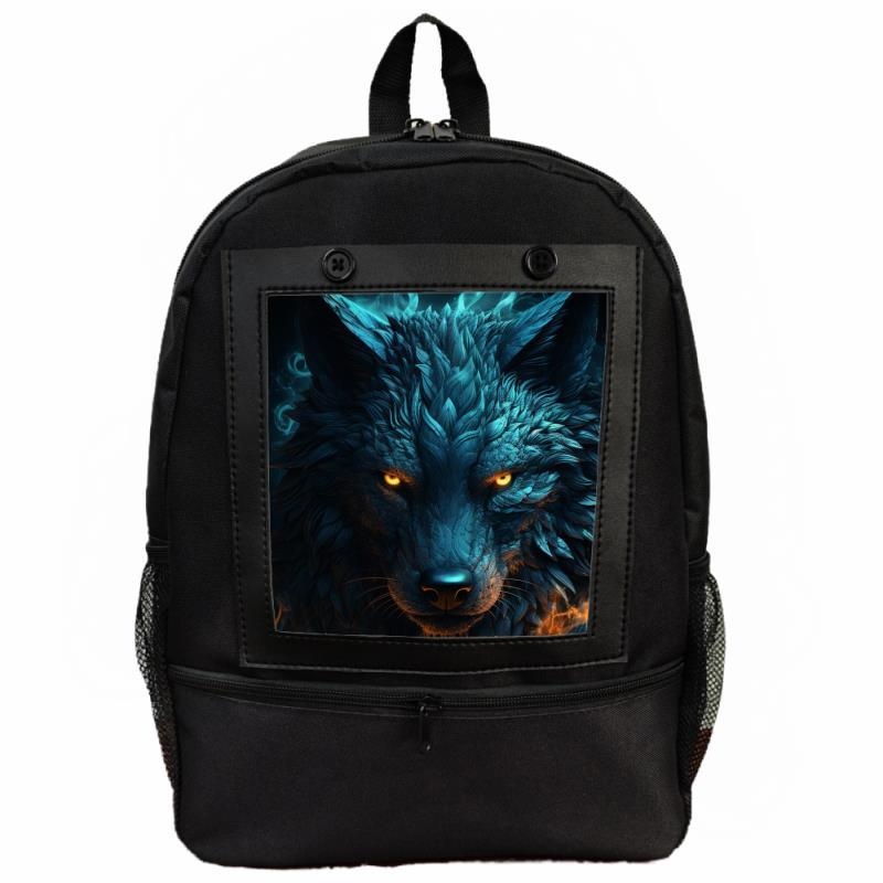 Uniszex hátizsák digitális nyomtatással, farkas és rózsa mintával, poliészter, terheléscsökkentő funkció, modern stílus, állat mintázat
