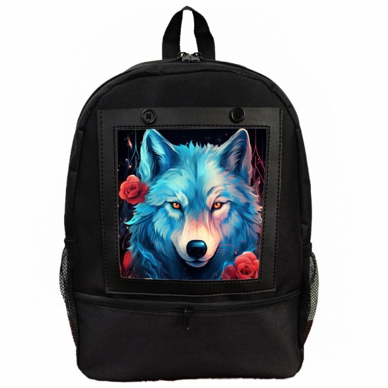Uniszex hátizsák digitális nyomtatással, farkas és rózsa mintával, poliészter, terheléscsökkentő funkció, modern stílus, állat mintázat