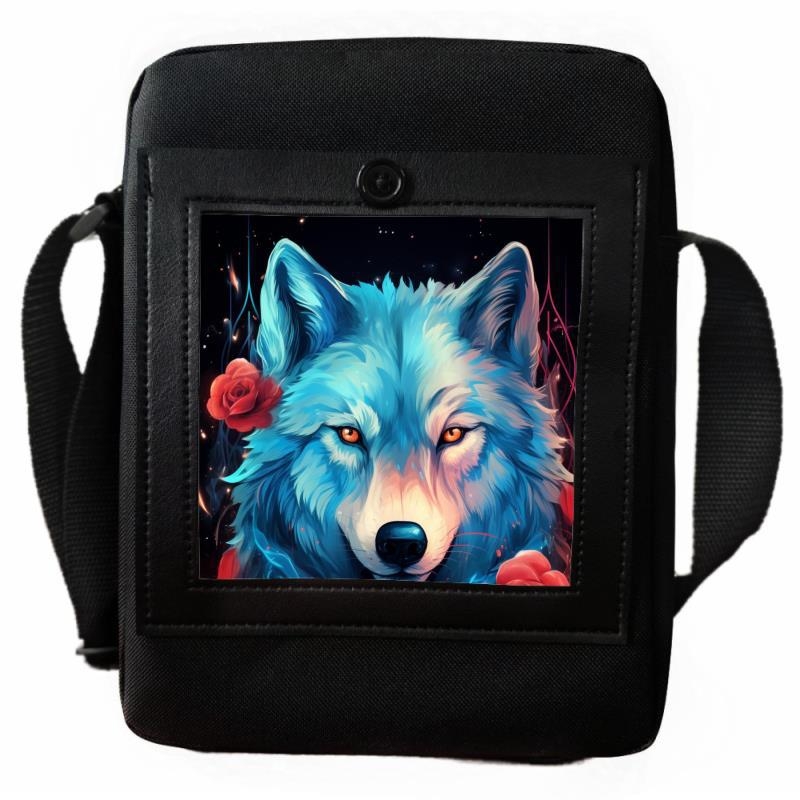 Uniszex hátizsák digitális nyomtatással, farkas és rózsa mintával, poliészter, terheléscsökkentő funkció, modern stílus, állat mintázat