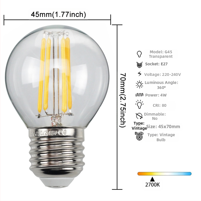 LED λάμπα Edison σε στυλ, μοντέλο G45, βάση βιδώματος E27/E26, 220V, CRI > 90
