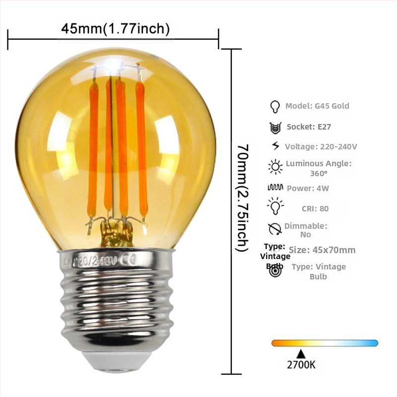 LED λάμπα Edison σε στυλ, μοντέλο G45, βάση βιδώματος E27/E26, 220V, CRI > 90