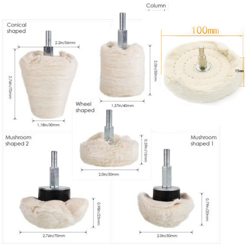 Set de 6 role textile pentru lustruire auto, cu mâner, marca Yibaida; diametrul interior variază; material: pânză de bumbac; duritate: moderată