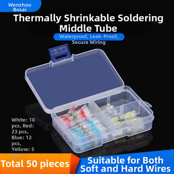 Комплект термозакриващи терминали със запояващи пръстени и тръби, 50 броя; Бранд ZJBOSAI; Изолационен материал PE; Корпус PE; Приложение: електрически монтажи; Номинална мощност: 24