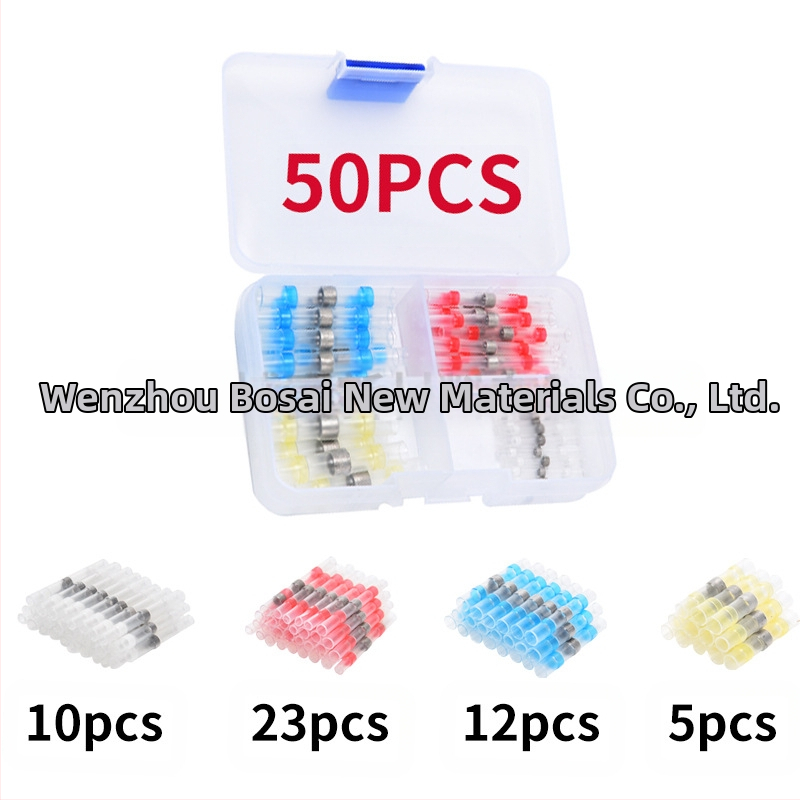 Комплект термозакриващи терминали със запояващи пръстени и тръби, 50 броя; Бранд ZJBOSAI; Изолационен материал PE; Корпус PE; Приложение: електрически монтажи; Номинална мощност: 24