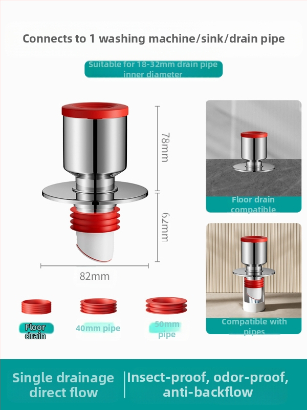 Trys galvos nuotekų T jungtis skalbimo mašinai — ABS + silikonas, elektroplatintos apdailos, universalus jungtis, prieš kvapus