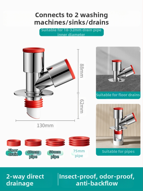 Trys galvos nuotekų T jungtis skalbimo mašinai — ABS + silikonas, elektroplatintos apdailos, universalus jungtis, prieš kvapus