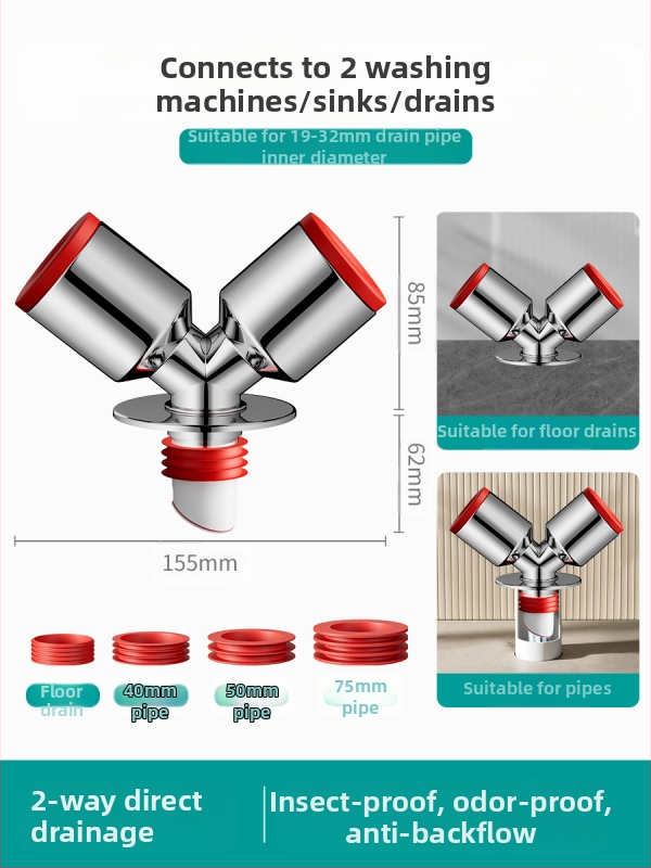 Trys galvos nuotekų T jungtis skalbimo mašinai — ABS + silikonas, elektroplatintos apdailos, universalus jungtis, prieš kvapus
