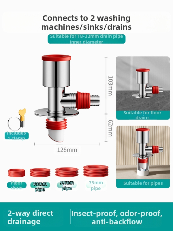 Trys galvos nuotekų T jungtis skalbimo mašinai — ABS + silikonas, elektroplatintos apdailos, universalus jungtis, prieš kvapus
