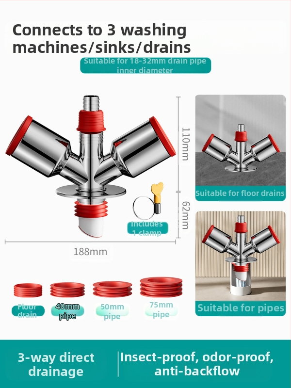 Trys galvos nuotekų T jungtis skalbimo mašinai — ABS + silikonas, elektroplatintos apdailos, universalus jungtis, prieš kvapus
