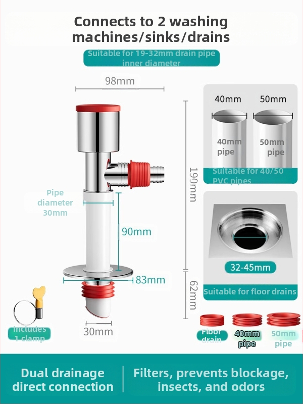 Trys galvos nuotekų T jungtis skalbimo mašinai — ABS + silikonas, elektroplatintos apdailos, universalus jungtis, prieš kvapus