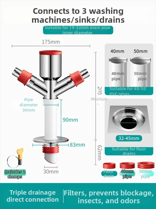 Trys galvos nuotekų T jungtis skalbimo mašinai — ABS + silikonas, elektroplatintos apdailos, universalus jungtis, prieš kvapus