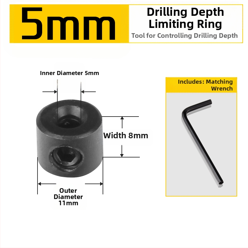 Inel de poziționare pentru burghiu cu limitator de adâncime și clemă – unealtă pentru tâmplărie