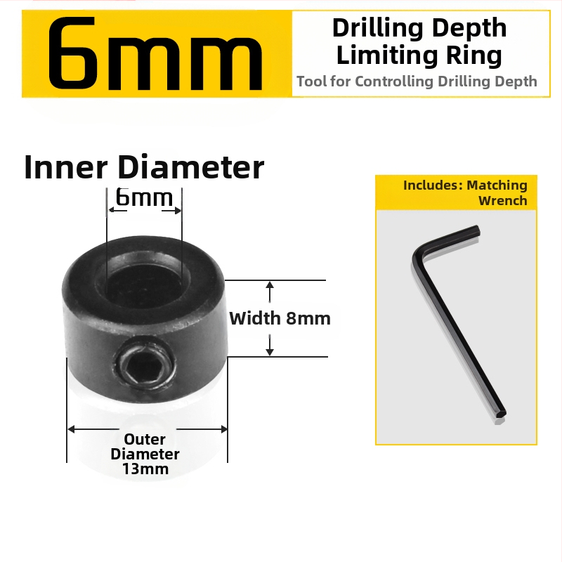 Inel de poziționare pentru burghiu cu limitator de adâncime și clemă – unealtă pentru tâmplărie