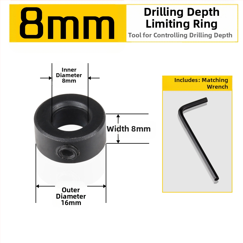 Inel de poziționare pentru burghiu cu limitator de adâncime și clemă – unealtă pentru tâmplărie