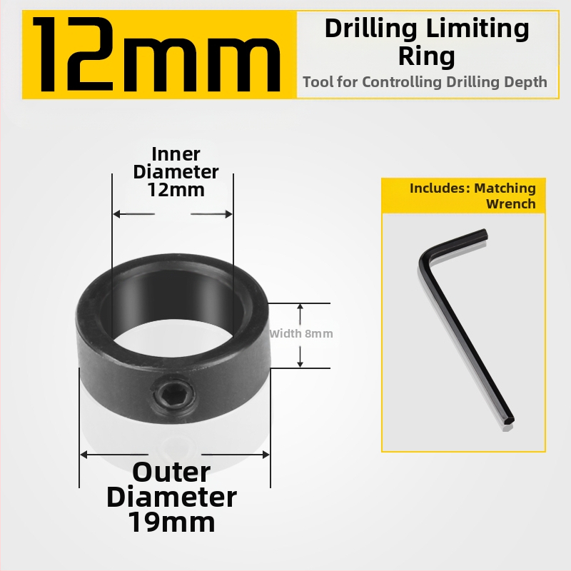 Inel de poziționare pentru burghiu cu limitator de adâncime și clemă – unealtă pentru tâmplărie