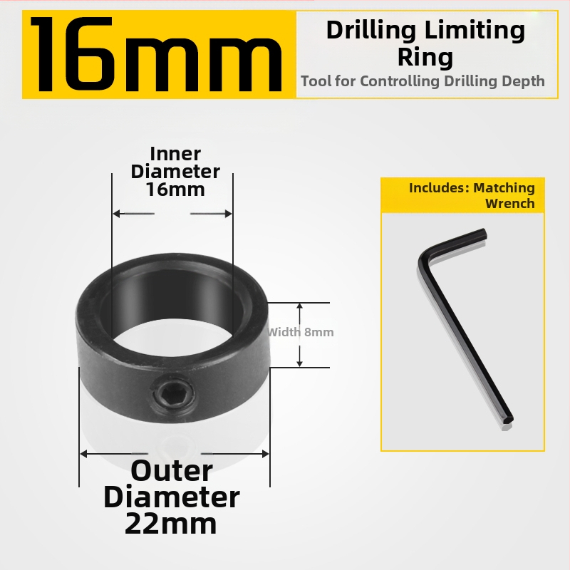 Inel de poziționare pentru burghiu cu limitator de adâncime și clemă – unealtă pentru tâmplărie