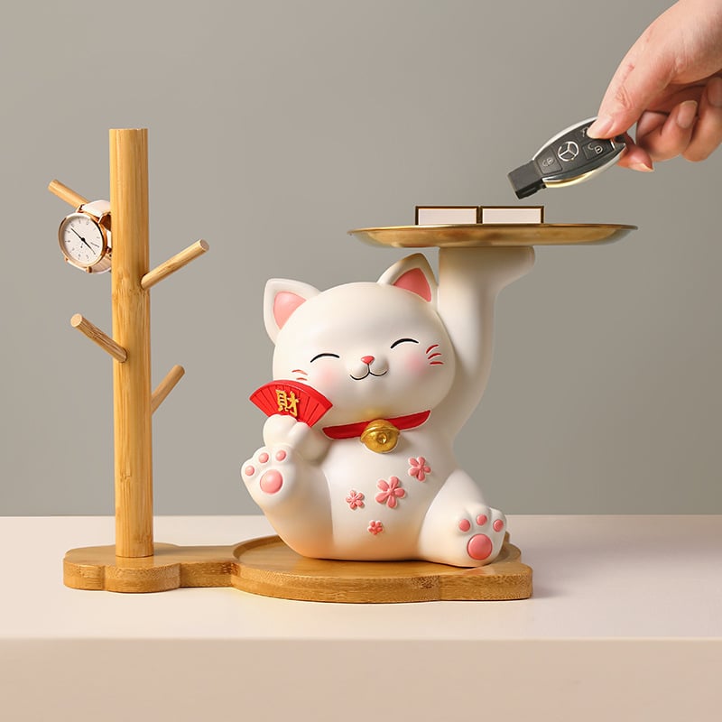 Lamio ukras od smole Maneki-Neko za ulaz s pretincem za ključeve, kućni dekor, kineski stil