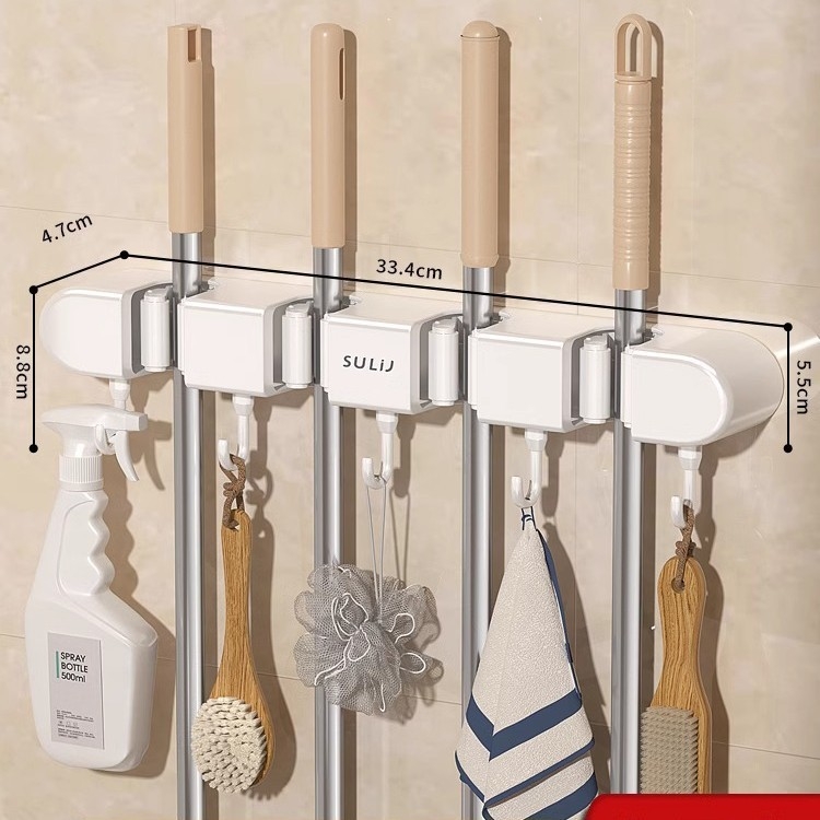 Sienas turētājs mopam un slotai ar skavām, plastmasa, 270 g, injekcijas formēšana, pieejams luksusa stils