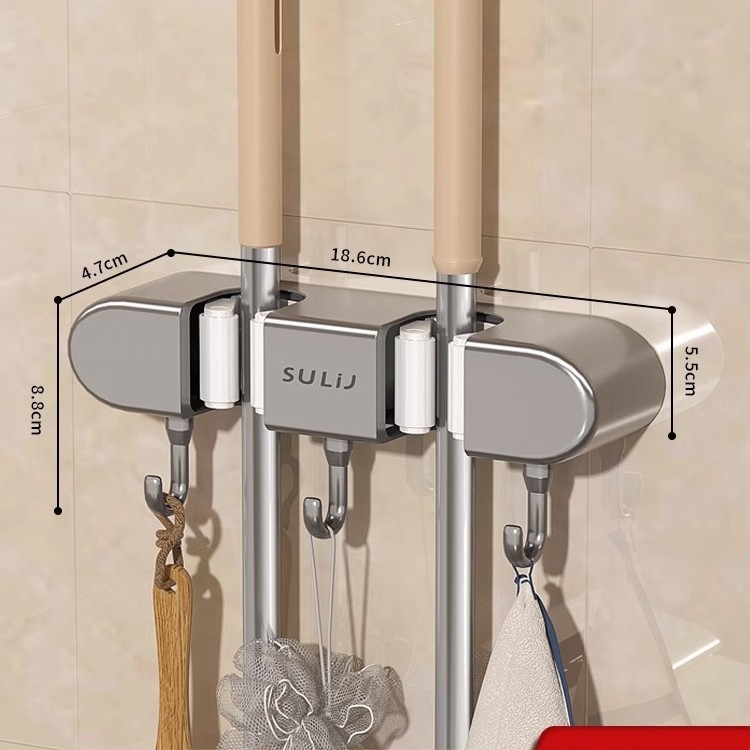 Sienas turētājs mopam un slotai ar skavām, plastmasa, 270 g, injekcijas formēšana, pieejams luksusa stils