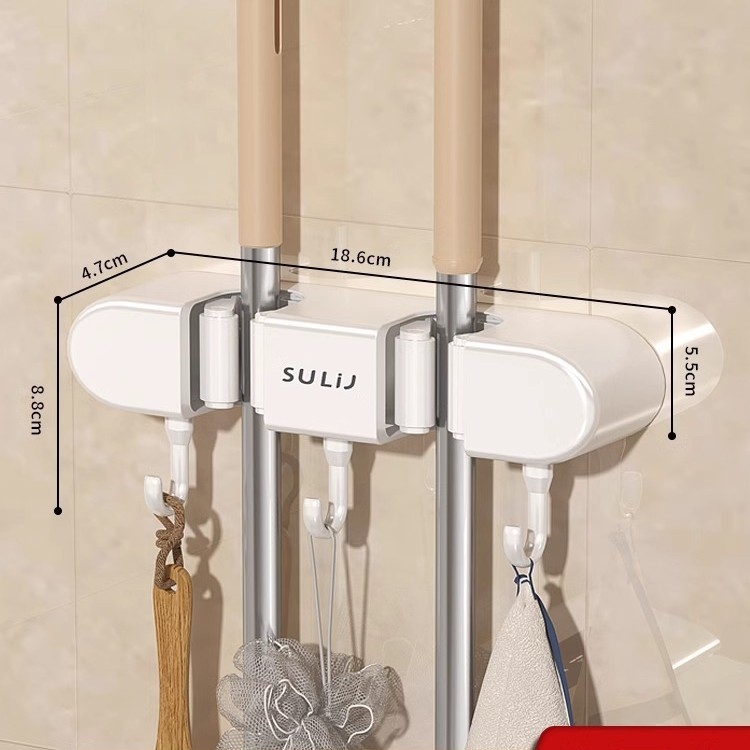 Sienas turētājs mopam un slotai ar skavām, plastmasa, 270 g, injekcijas formēšana, pieejams luksusa stils