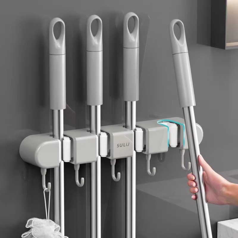 Sienas turētājs mopam un slotai ar skavām, plastmasa, 270 g, injekcijas formēšana, pieejams luksusa stils