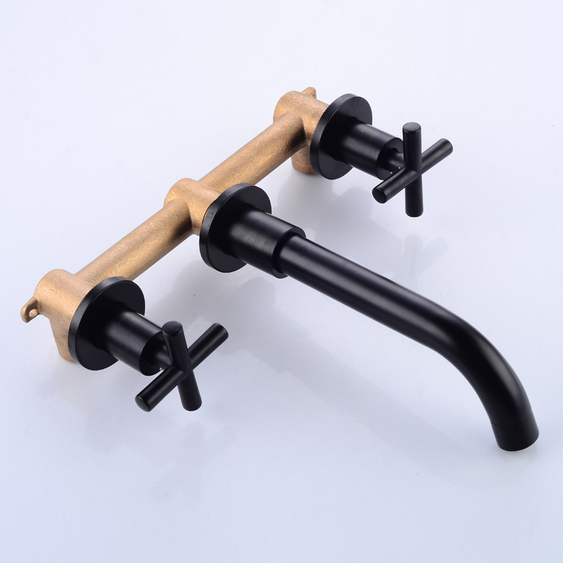 Stenā piestiprināms vara izlietnes krāns ar trim atverēm, divrokļu maisīšanas krāns, keramikas kartridžs