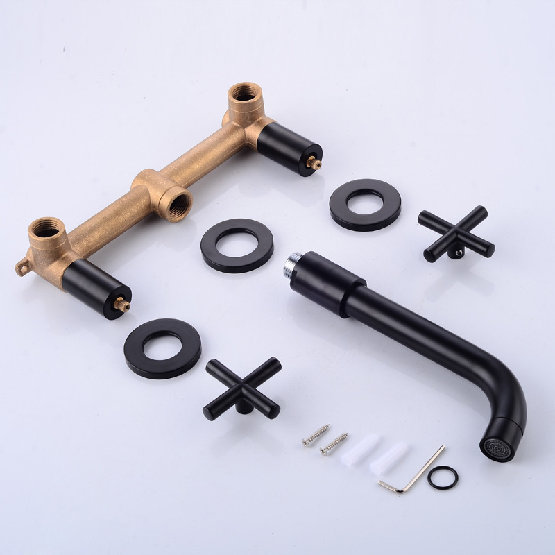 Stenā piestiprināms vara izlietnes krāns ar trim atverēm, divrokļu maisīšanas krāns, keramikas kartridžs