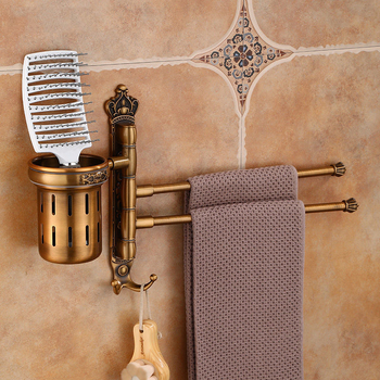 Ράγα πετσετών σε στυλ αντίκα χωρίς διάτρηση, ευρωπαϊκό μπάνιο χωρίς τρύπες, με ποτήρι για οδοντόβουρτσα, περιστρεφόμενη αναδιπλούμενη μπάρα πετσέτας; κράμα αλουμινίου; φορτίο 20 kg; πολυεπίπεδη κατασκευή; μοντέρνος μινιμαλισμός.