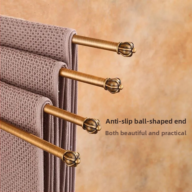 Антикварна закачалка за кърпи без пробиване, европейски стил за баня, държач за чаша за четки за зъби, въртяща се сгъваема бара; алуминиева сплав; товар 20 кг; многослоен дизайн; модерен минимализъм.