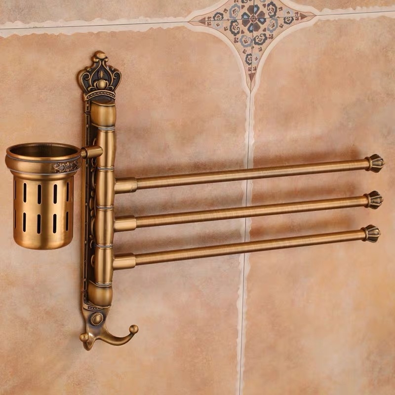 Antik stílusú törölközőtartó fúrás nélküli rögzítéssel, európai fürdőszobai kiegészítő, fogkefés pohártartó, forgó, összecsukható törölközőrúd; alumíniumötvözet; teherbírás 20 kg; többszintű kialítás; modern minimalista stílus.