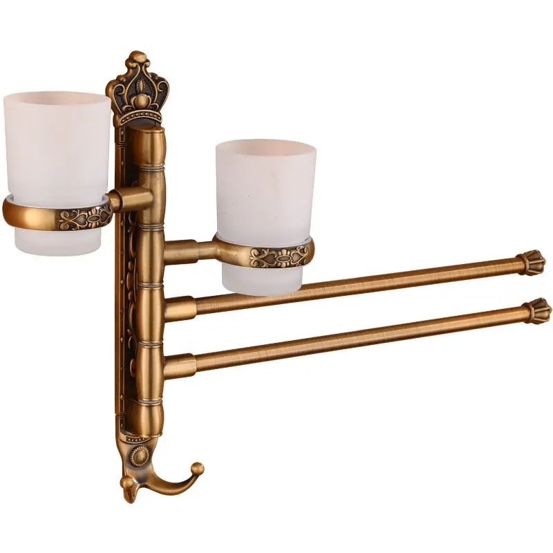 Antik stílusú törölközőtartó fúrás nélküli rögzítéssel, európai fürdőszobai kiegészítő, fogkefés pohártartó, forgó, összecsukható törölközőrúd; alumíniumötvözet; teherbírás 20 kg; többszintű kialítás; modern minimalista stílus.