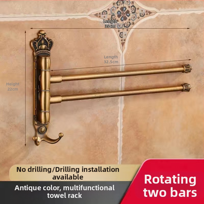 Antik stílusú törölközőtartó fúrás nélküli rögzítéssel, európai fürdőszobai kiegészítő, fogkefés pohártartó, forgó, összecsukható törölközőrúd; alumíniumötvözet; teherbírás 20 kg; többszintű kialítás; modern minimalista stílus.