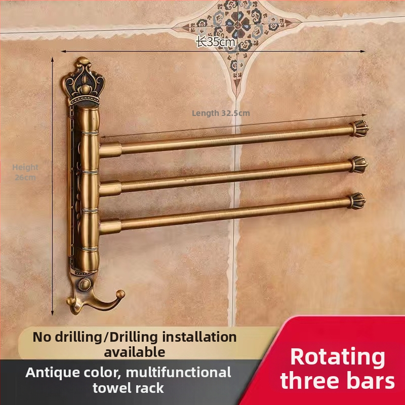 Antik stílusú törölközőtartó fúrás nélküli rögzítéssel, európai fürdőszobai kiegészítő, fogkefés pohártartó, forgó, összecsukható törölközőrúd; alumíniumötvözet; teherbírás 20 kg; többszintű kialítás; modern minimalista stílus.