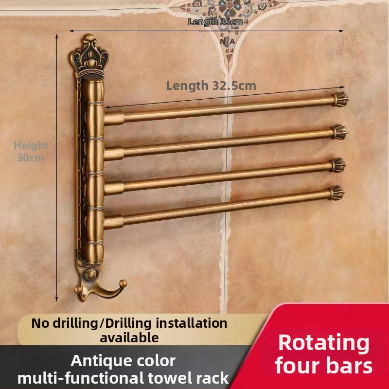 Antik stílusú törölközőtartó fúrás nélküli rögzítéssel, európai fürdőszobai kiegészítő, fogkefés pohártartó, forgó, összecsukható törölközőrúd; alumíniumötvözet; teherbírás 20 kg; többszintű kialítás; modern minimalista stílus.