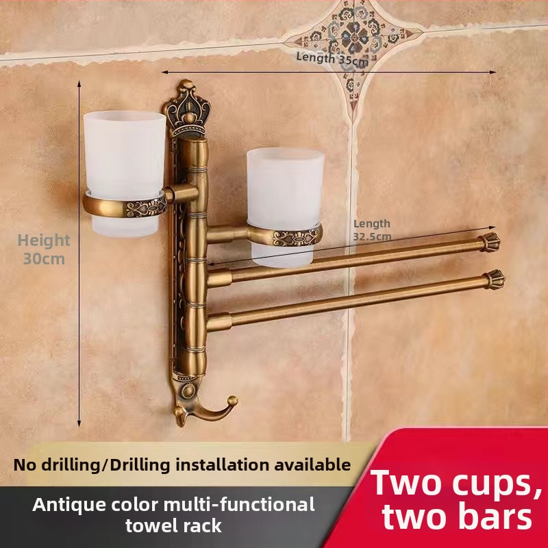 Antik stílusú törölközőtartó fúrás nélküli rögzítéssel, európai fürdőszobai kiegészítő, fogkefés pohártartó, forgó, összecsukható törölközőrúd; alumíniumötvözet; teherbírás 20 kg; többszintű kialítás; modern minimalista stílus.